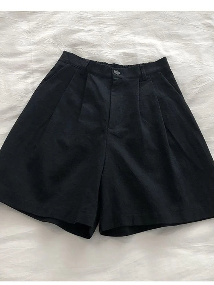 Fitshinling Line Cotton Shorts For Women 2024 New In Fashion Vintage High Waist Short Femme Clothing Solid Slim Pleated Pants