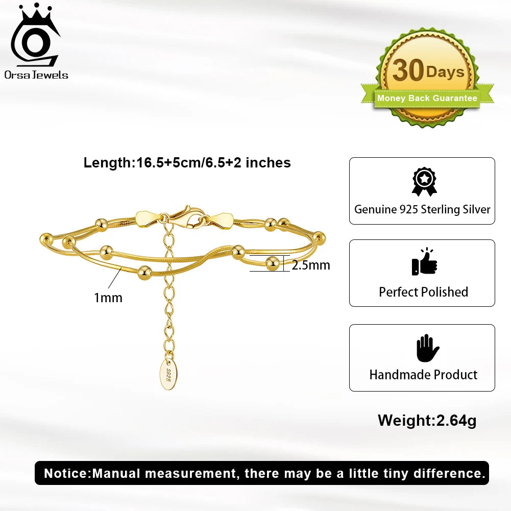 ORSA JEWELS 925 Sterling Silver Satellite Chain Bracelet Double Layer Beads Round Snake Chain Bracelets Daily Simple Gift SB183
