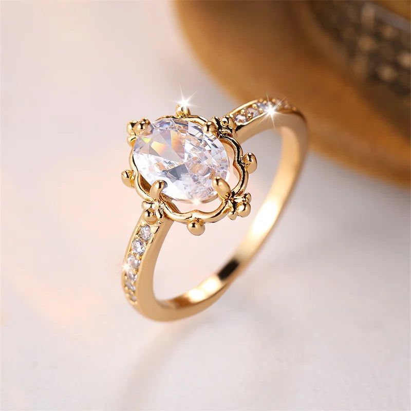 Exquisite Oval Zircon Engagement Ring - Antique Gold Elegance