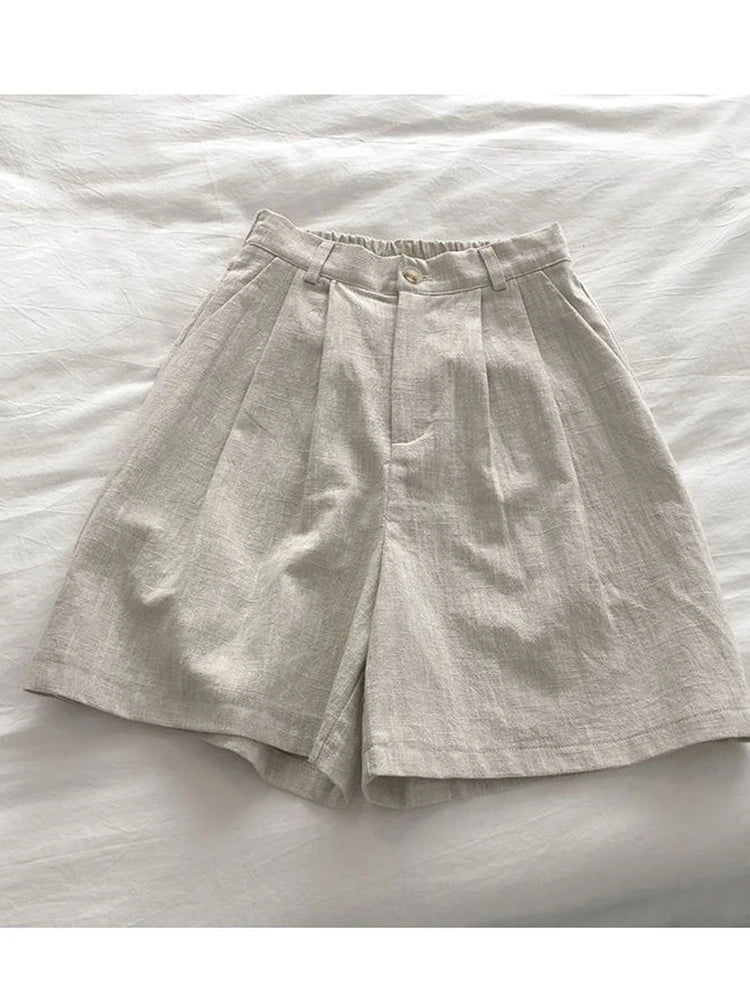 Fitshinling Line Cotton Shorts For Women 2024 New In Fashion Vintage High Waist Short Femme Clothing Solid Slim Pleated Pants