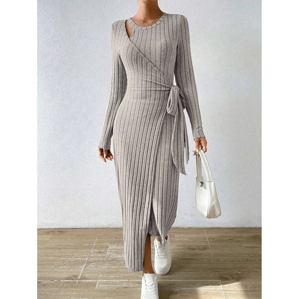 Mia Muse Women's Bodycon Dresses Asymmetric Knot Maxi Long Sleeve Slim Fit Round Neck Solid Autumn Dresses 2025 Woman