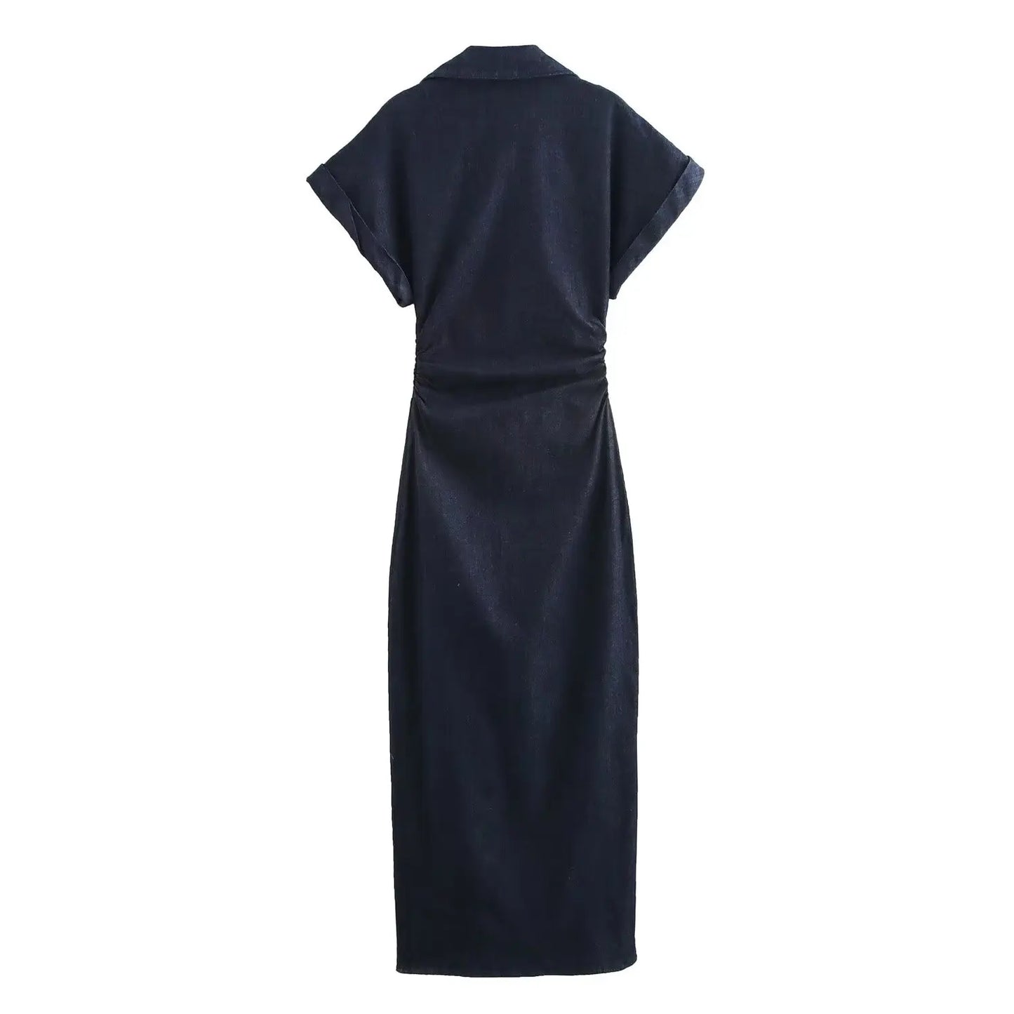 Elegant Denim MIDI Dress with Lapel & Side Zipper