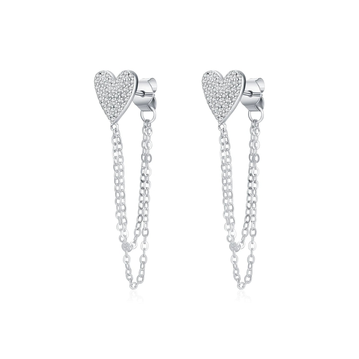 MODIAN 925 Sterling Silver Sparkling CZ Hearts Long Tassel Chain Trendy Daily Stud Earrings For Women Fine Jewelry Gifts