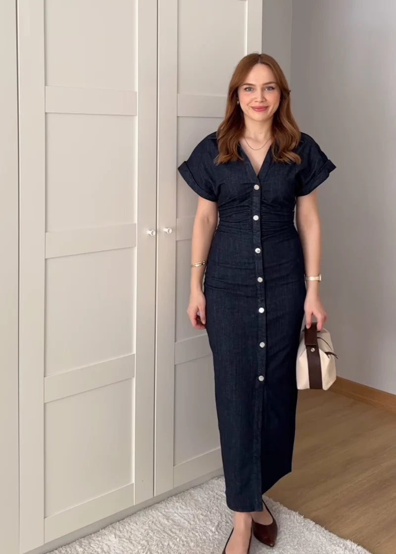 Elegant Denim MIDI Dress with Lapel & Side Zipper