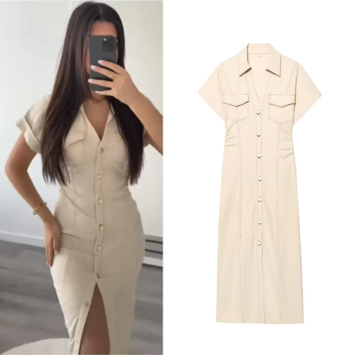 Elegant Denim MIDI Dress with Lapel & Side Zipper