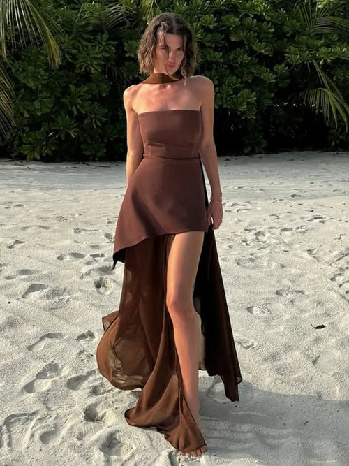 TARUXY Fashion Strapless Dress With Ribbon Female Elegant Sleeveless Mesh Beach Vacation Long Dress 2025 Spring New Women Dress