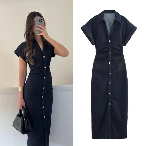 Elegant Denim MIDI Dress with Lapel & Side Zipper