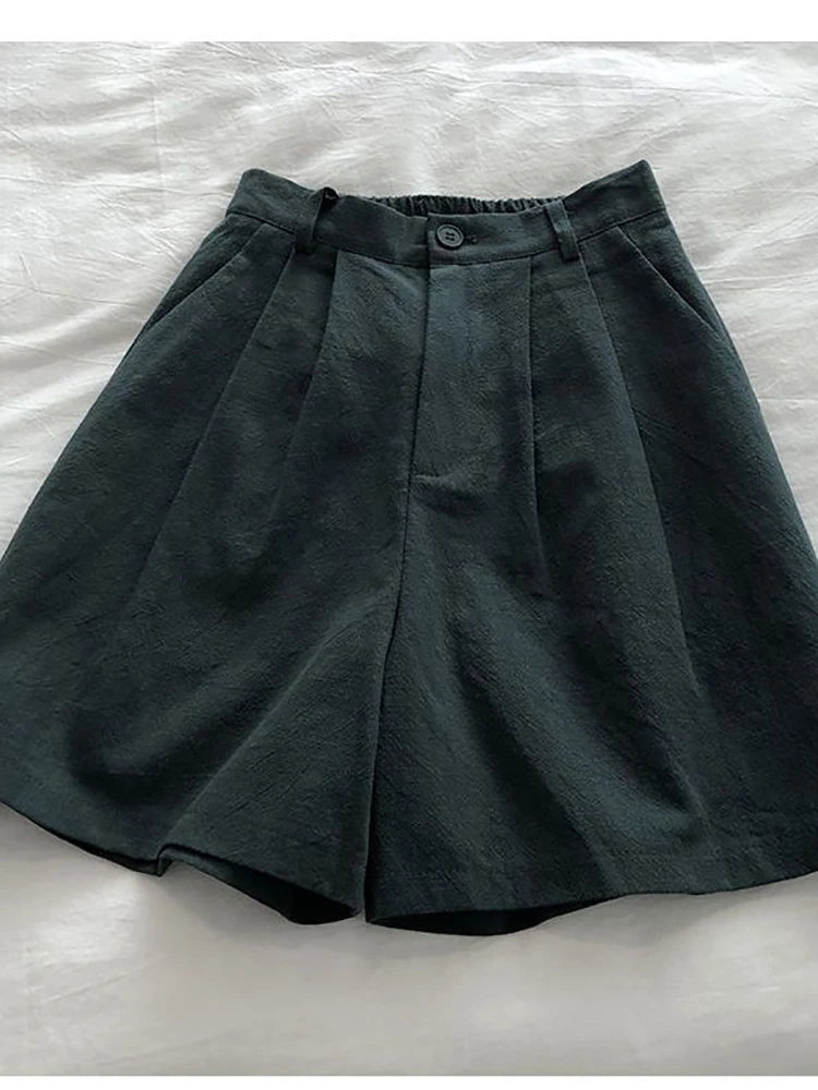 Fitshinling Line Cotton Shorts For Women 2024 New In Fashion Vintage High Waist Short Femme Clothing Solid Slim Pleated Pants