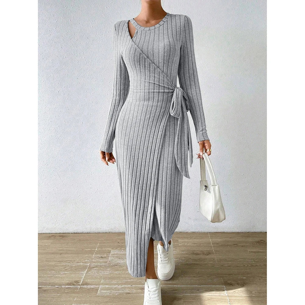 Mia Muse Women's Bodycon Dresses Asymmetric Knot Maxi Long Sleeve Slim Fit Round Neck Solid Autumn Dresses 2025 Woman