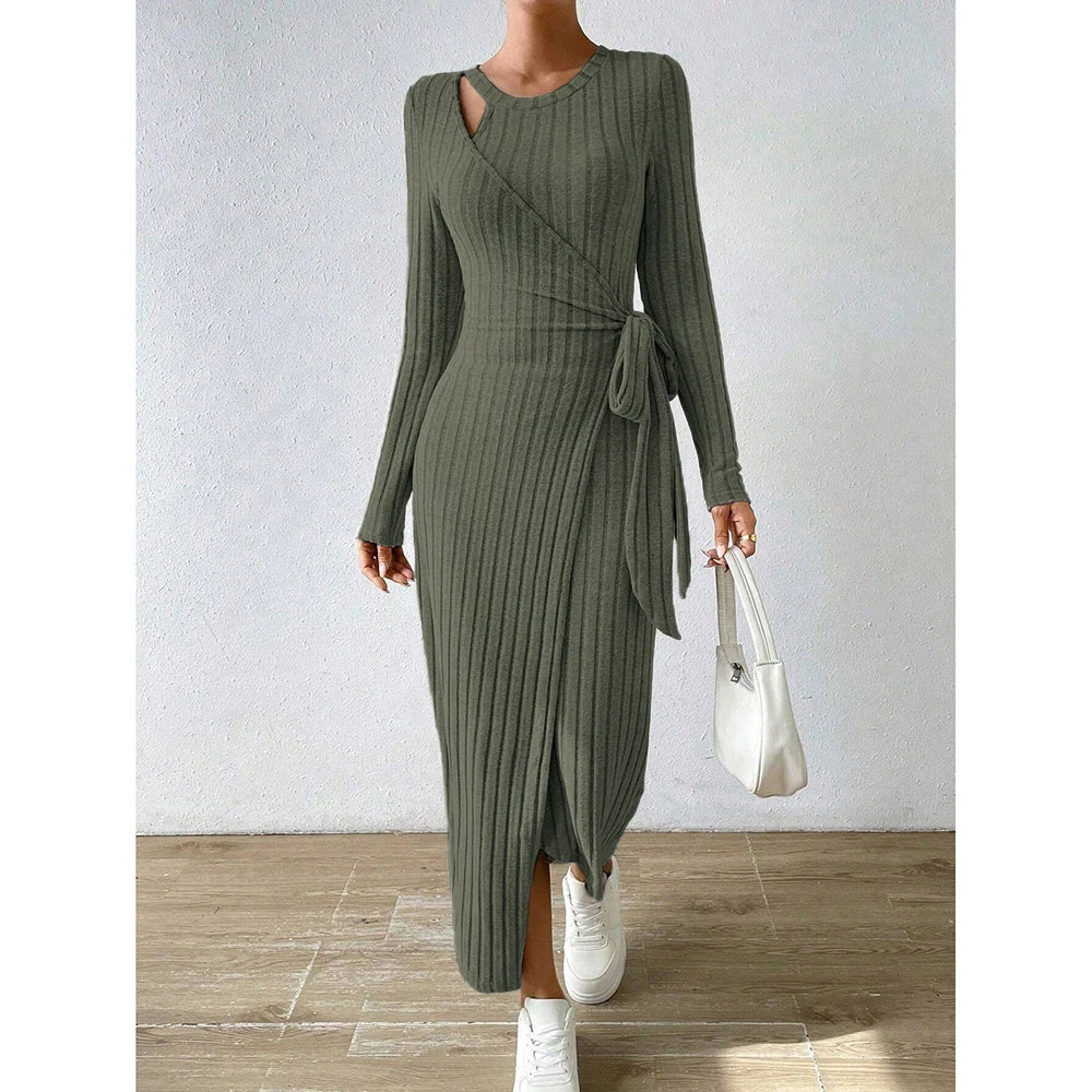 Mia Muse Women's Bodycon Dresses Asymmetric Knot Maxi Long Sleeve Slim Fit Round Neck Solid Autumn Dresses 2025 Woman