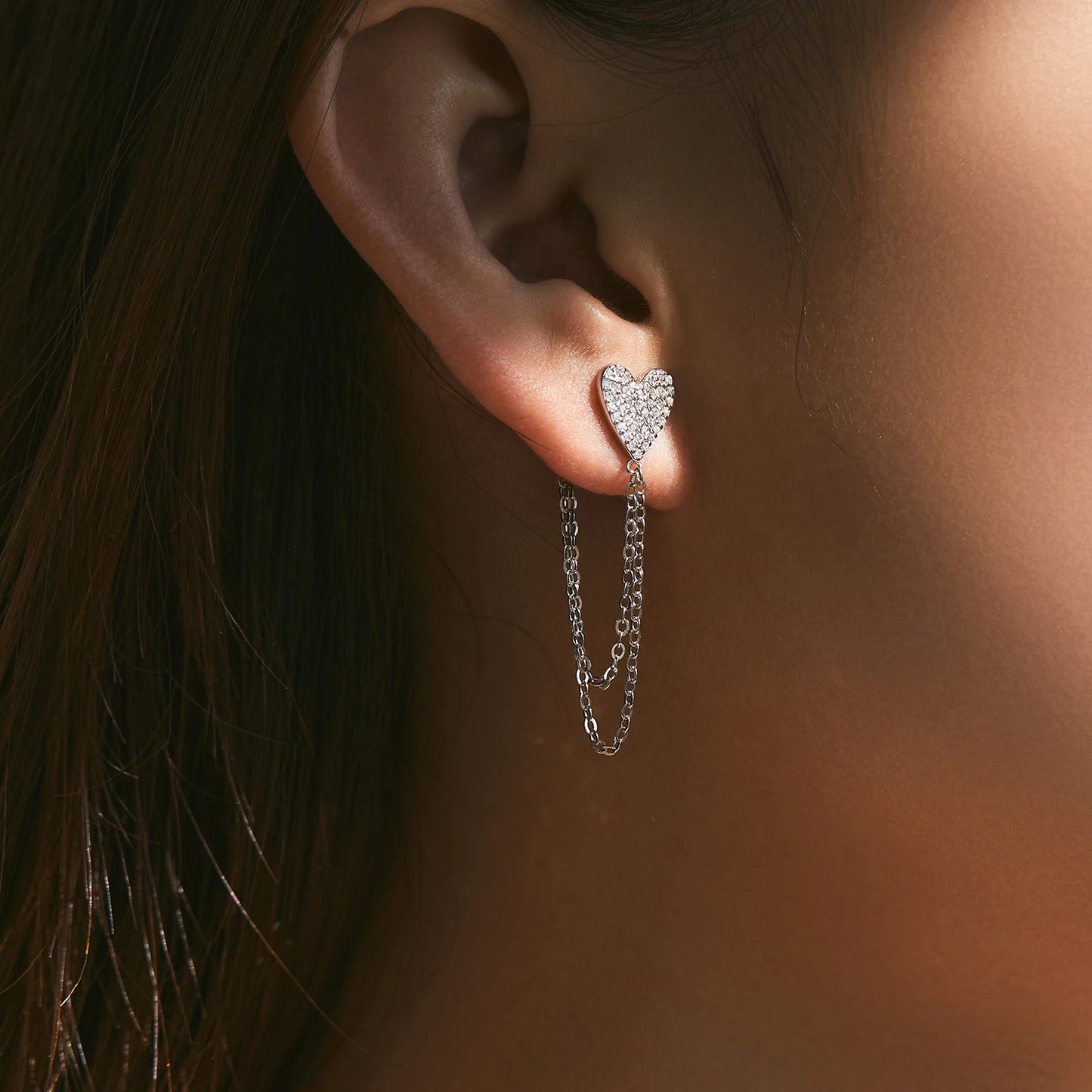 MODIAN 925 Sterling Silver Sparkling CZ Hearts Long Tassel Chain Trendy Daily Stud Earrings For Women Fine Jewelry Gifts