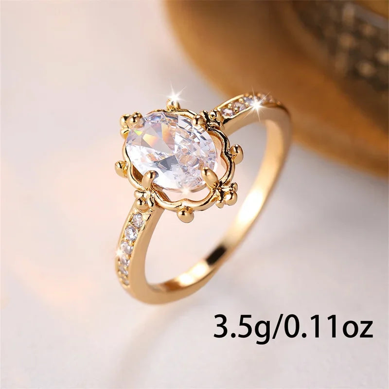 Exquisite Oval Zircon Engagement Ring - Antique Gold Elegance