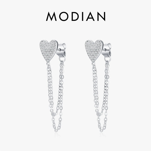 MODIAN 925 Sterling Silver Sparkling CZ Hearts Long Tassel Chain Trendy Daily Stud Earrings For Women Fine Jewelry Gifts