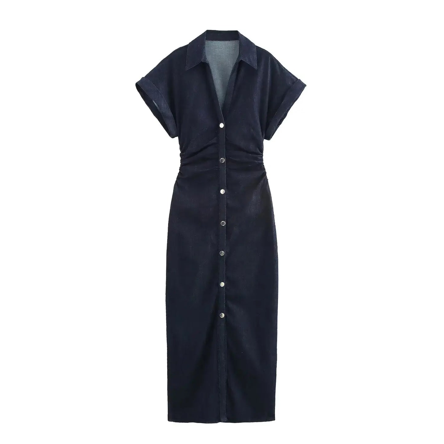 Elegant Denim MIDI Dress with Lapel & Side Zipper