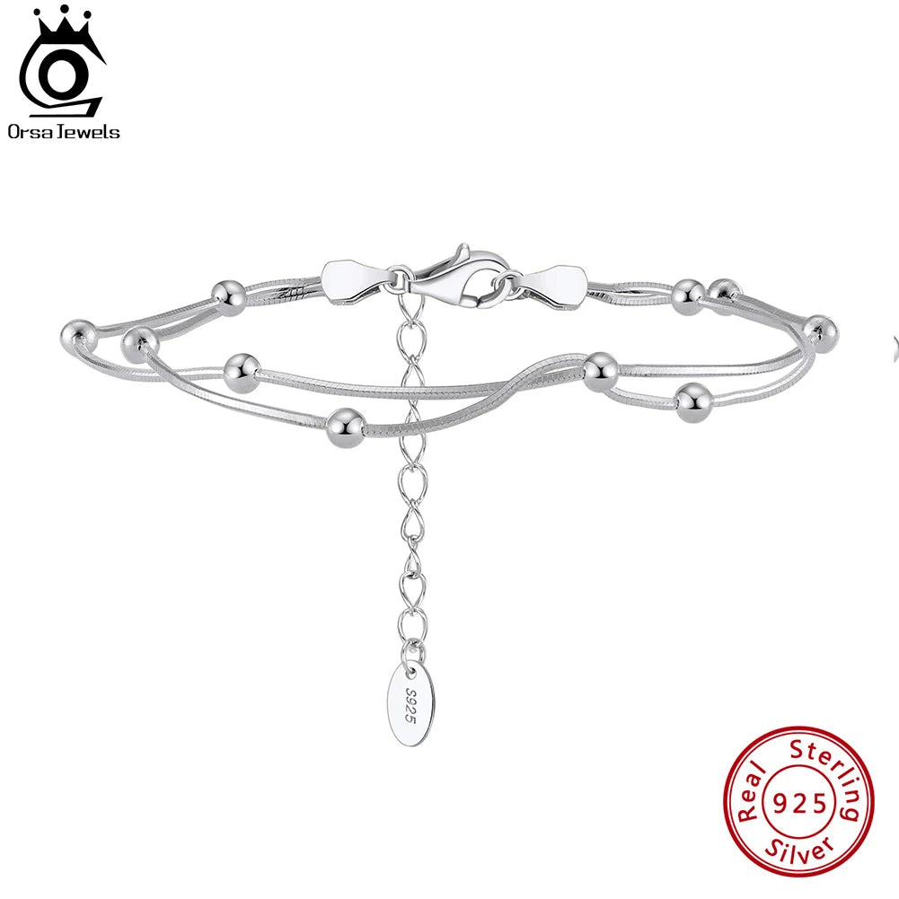 ORSA JEWELS 925 Sterling Silver Satellite Chain Bracelet Double Layer Beads Round Snake Chain Bracelets Daily Simple Gift SB183