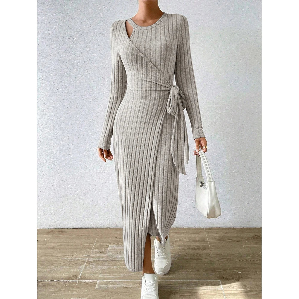 Mia Muse Women's Bodycon Dresses Asymmetric Knot Maxi Long Sleeve Slim Fit Round Neck Solid Autumn Dresses 2025 Woman