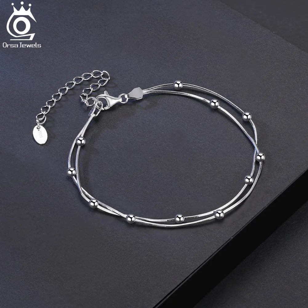 ORSA JEWELS 925 Sterling Silver Satellite Chain Bracelet Double Layer Beads Round Snake Chain Bracelets Daily Simple Gift SB183