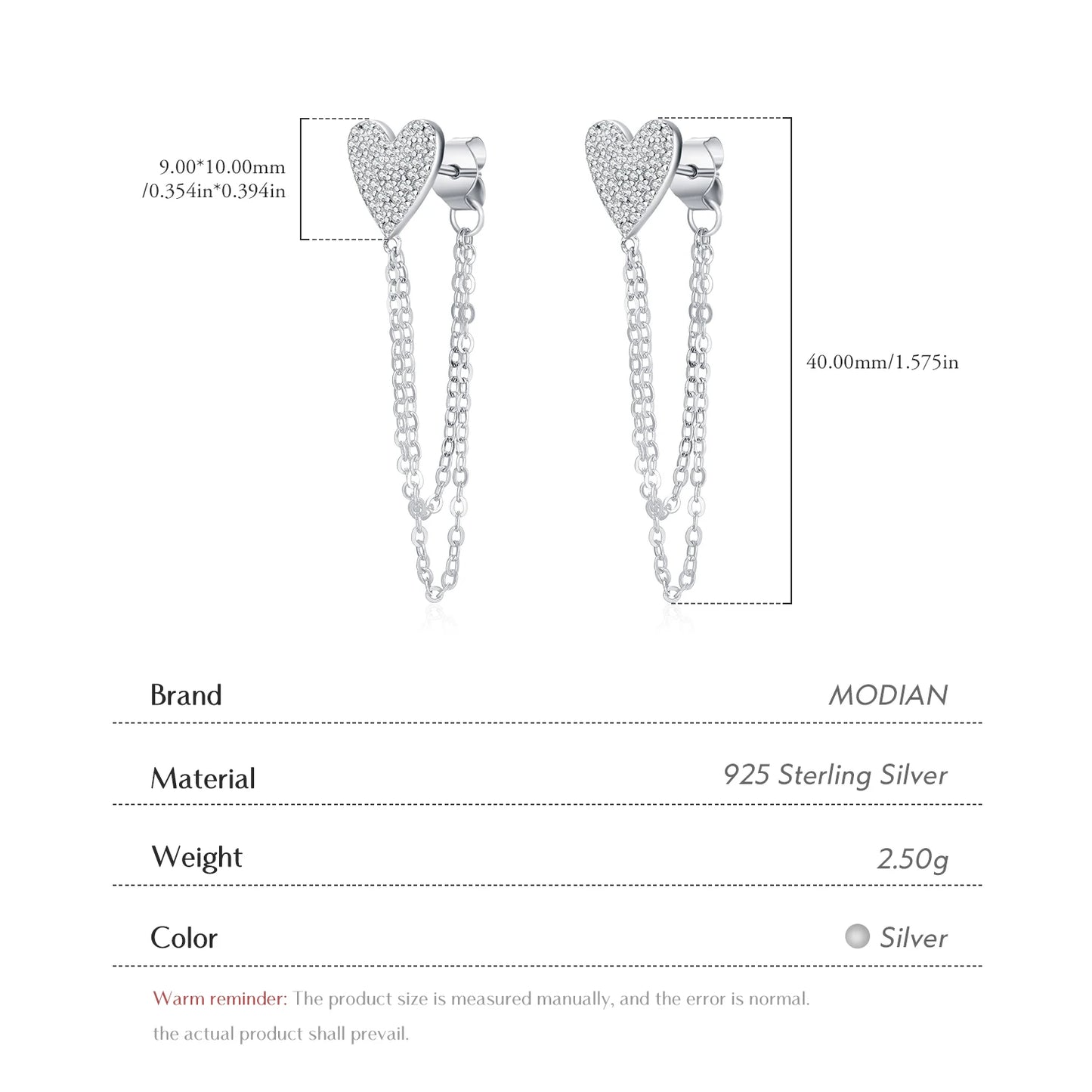 MODIAN 925 Sterling Silver Sparkling CZ Hearts Long Tassel Chain Trendy Daily Stud Earrings For Women Fine Jewelry Gifts