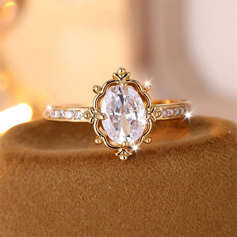 Exquisite Oval Zircon Engagement Ring - Antique Gold Elegance