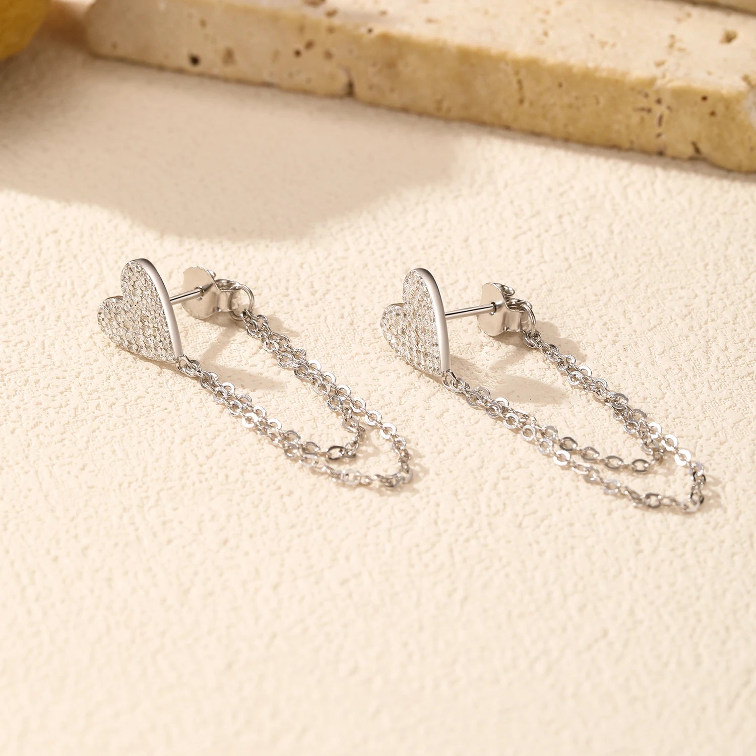 MODIAN 925 Sterling Silver Sparkling CZ Hearts Long Tassel Chain Trendy Daily Stud Earrings For Women Fine Jewelry Gifts
