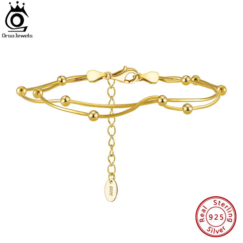 ORSA JEWELS 925 Sterling Silver Satellite Chain Bracelet Double Layer Beads Round Snake Chain Bracelets Daily Simple Gift SB183
