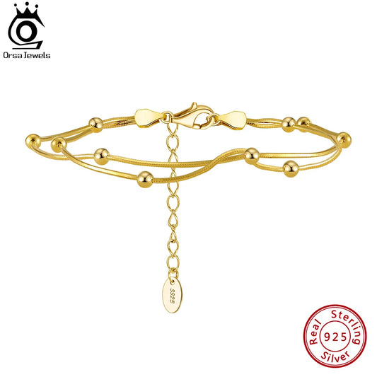 ORSA JEWELS 925 Sterling Silver Satellite Chain Bracelet Double Layer Beads Round Snake Chain Bracelets Daily Simple Gift SB183
