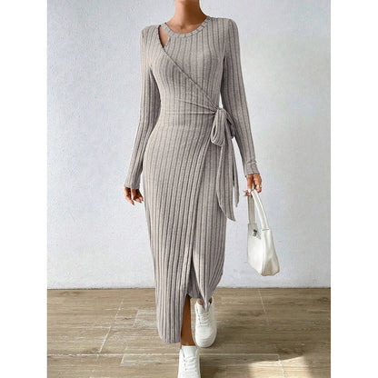 Mia Muse Women's Bodycon Dresses Asymmetric Knot Maxi Long Sleeve Slim Fit Round Neck Solid Autumn Dresses 2025 Woman