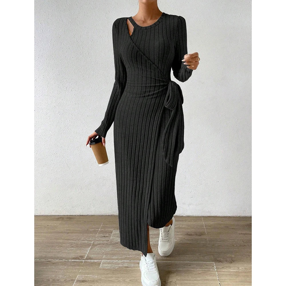Mia Muse Women's Bodycon Dresses Asymmetric Knot Maxi Long Sleeve Slim Fit Round Neck Solid Autumn Dresses 2025 Woman