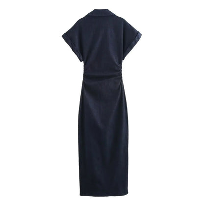 Elegant Denim MIDI Dress with Lapel & Side Zipper