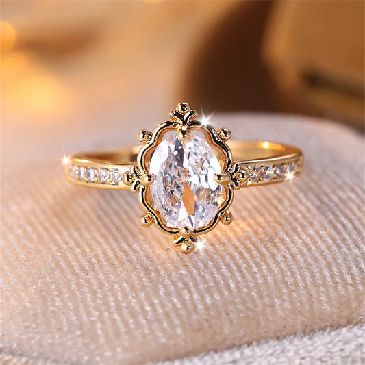 Exquisite Oval Zircon Engagement Ring - Antique Gold Elegance