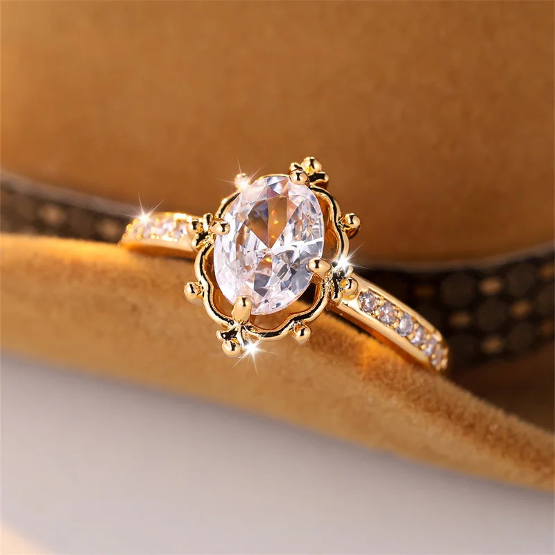 Exquisite Oval Zircon Engagement Ring - Antique Gold Elegance