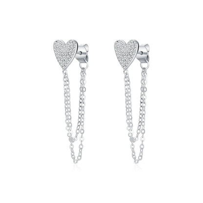 MODIAN 925 Sterling Silver Sparkling CZ Hearts Long Tassel Chain Trendy Daily Stud Earrings For Women Fine Jewelry Gifts