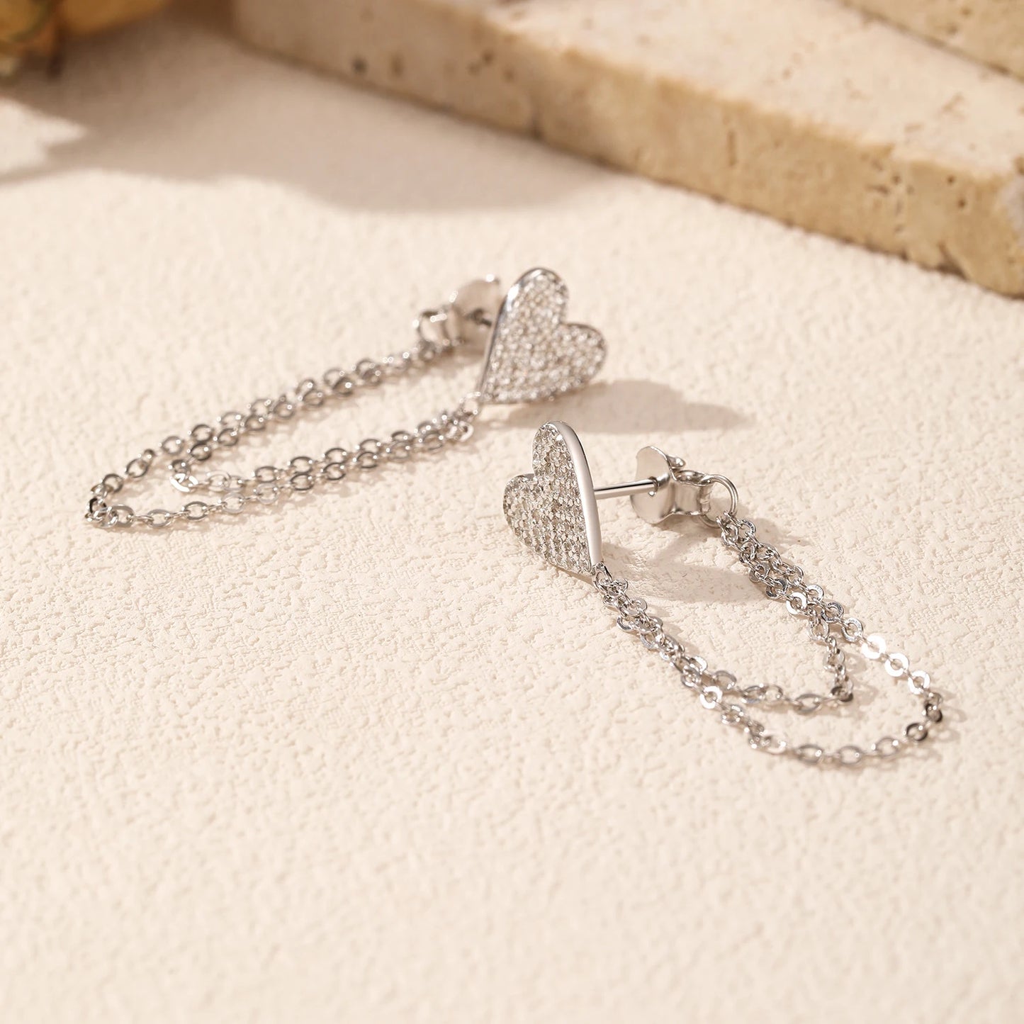 MODIAN 925 Sterling Silver Sparkling CZ Hearts Long Tassel Chain Trendy Daily Stud Earrings For Women Fine Jewelry Gifts