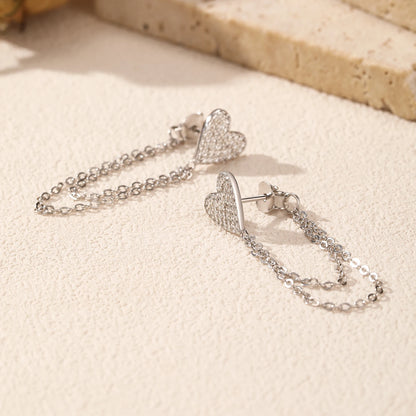 MODIAN 925 Sterling Silver Sparkling CZ Hearts Long Tassel Chain Trendy Daily Stud Earrings For Women Fine Jewelry Gifts