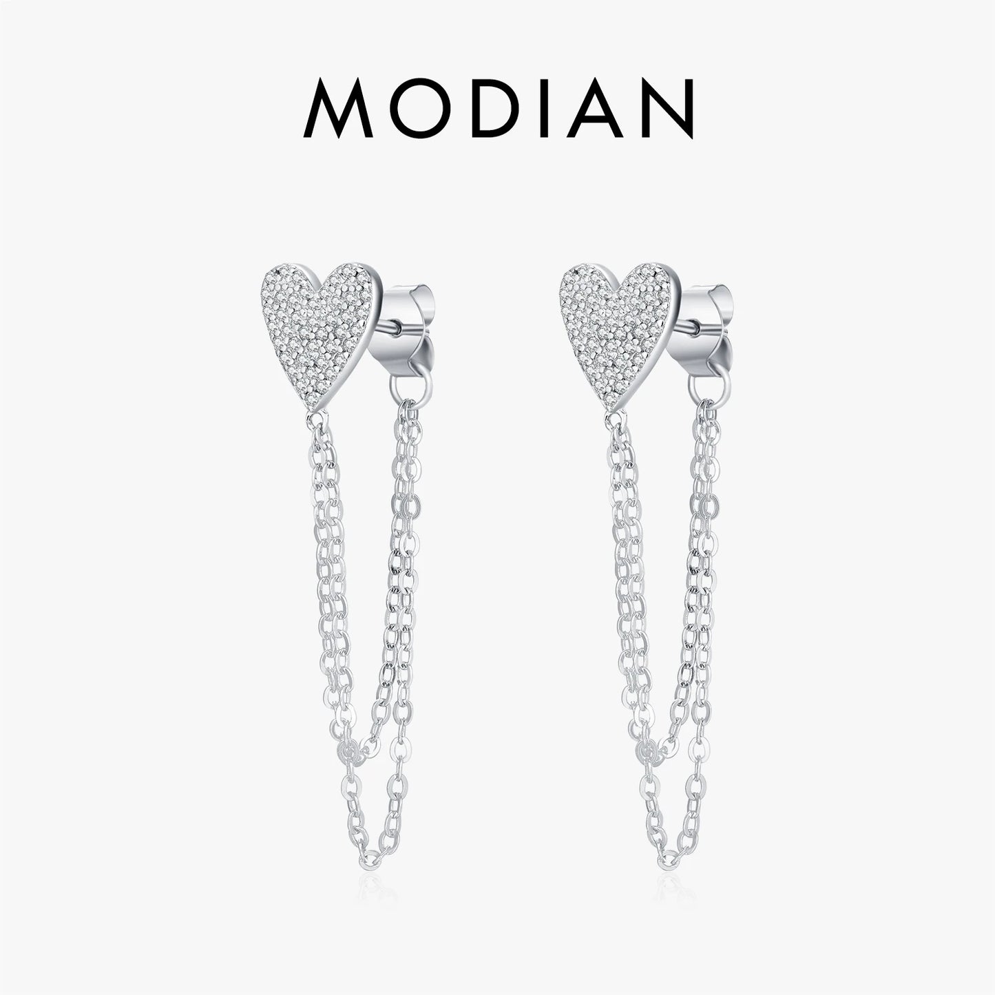 MODIAN 925 Sterling Silver Sparkling CZ Hearts Long Tassel Chain Trendy Daily Stud Earrings For Women Fine Jewelry Gifts