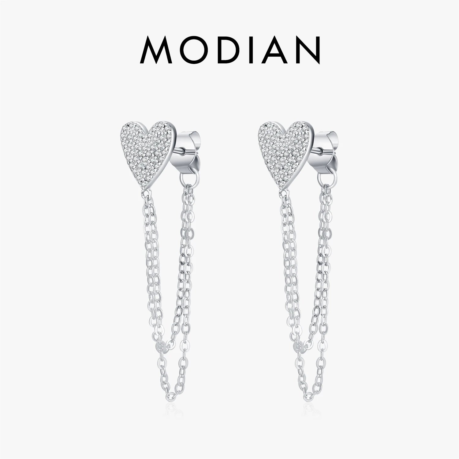 MODIAN 925 Sterling Silver Sparkling CZ Hearts Long Tassel Chain Trendy Daily Stud Earrings For Women Fine Jewelry Gifts