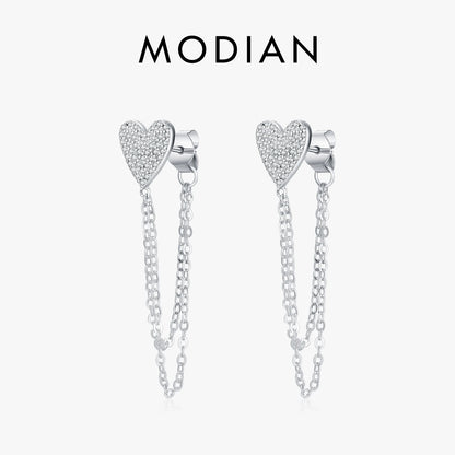 MODIAN 925 Sterling Silver Sparkling CZ Hearts Long Tassel Chain Trendy Daily Stud Earrings For Women Fine Jewelry Gifts