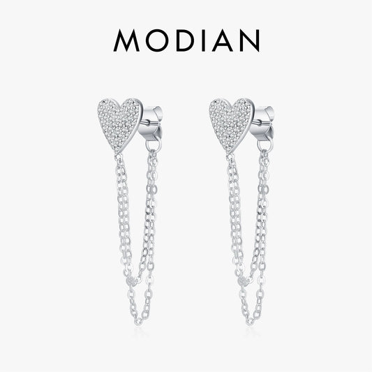 MODIAN 925 Sterling Silver Sparkling CZ Hearts Long Tassel Chain Trendy Daily Stud Earrings For Women Fine Jewelry Gifts
