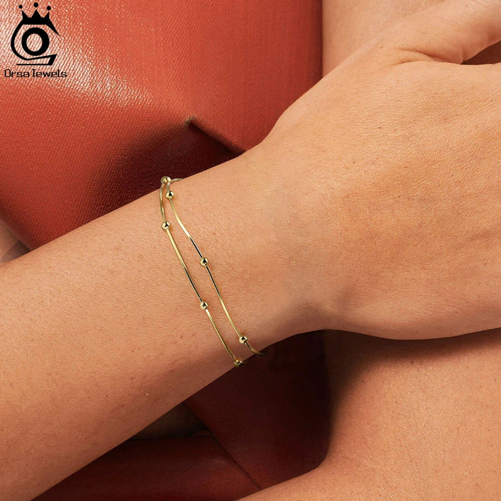 ORSA JEWELS 925 Sterling Silver Satellite Chain Bracelet Double Layer Beads Round Snake Chain Bracelets Daily Simple Gift SB183