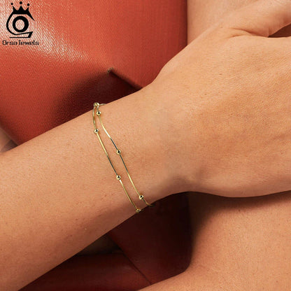 ORSA JEWELS 925 Sterling Silver Satellite Chain Bracelet Double Layer Beads Round Snake Chain Bracelets Daily Simple Gift SB183