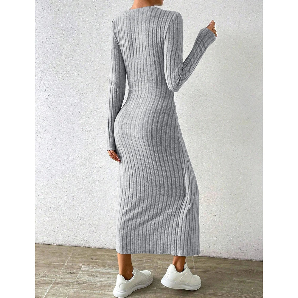 Mia Muse Women's Bodycon Dresses Asymmetric Knot Maxi Long Sleeve Slim Fit Round Neck Solid Autumn Dresses 2025 Woman