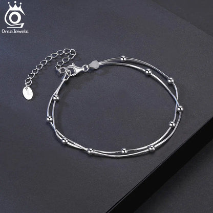 ORSA JEWELS 925 Sterling Silver Satellite Chain Bracelet Double Layer Beads Round Snake Chain Bracelets Daily Simple Gift SB183