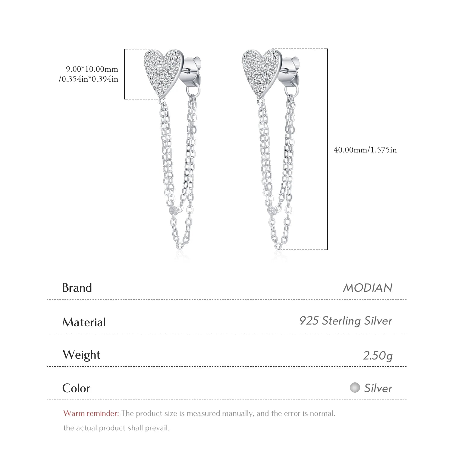 MODIAN 925 Sterling Silver Sparkling CZ Hearts Long Tassel Chain Trendy Daily Stud Earrings For Women Fine Jewelry Gifts