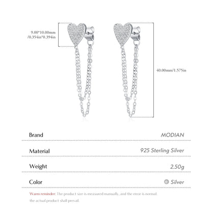 MODIAN 925 Sterling Silver Sparkling CZ Hearts Long Tassel Chain Trendy Daily Stud Earrings For Women Fine Jewelry Gifts