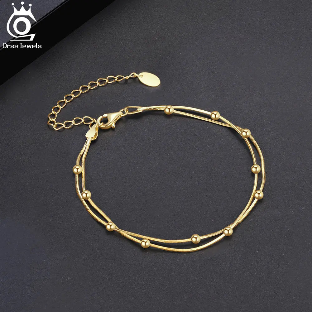 ORSA JEWELS 925 Sterling Silver Satellite Chain Bracelet Double Layer Beads Round Snake Chain Bracelets Daily Simple Gift SB183