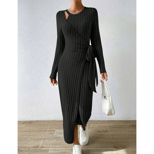 Mia Muse Women's Bodycon Dresses Asymmetric Knot Maxi Long Sleeve Slim Fit Round Neck Solid Autumn Dresses 2025 Woman