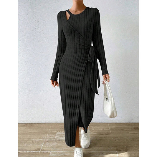 Mia Muse Women's Bodycon Dresses Asymmetric Knot Maxi Long Sleeve Slim Fit Round Neck Solid Autumn Dresses 2025 Woman